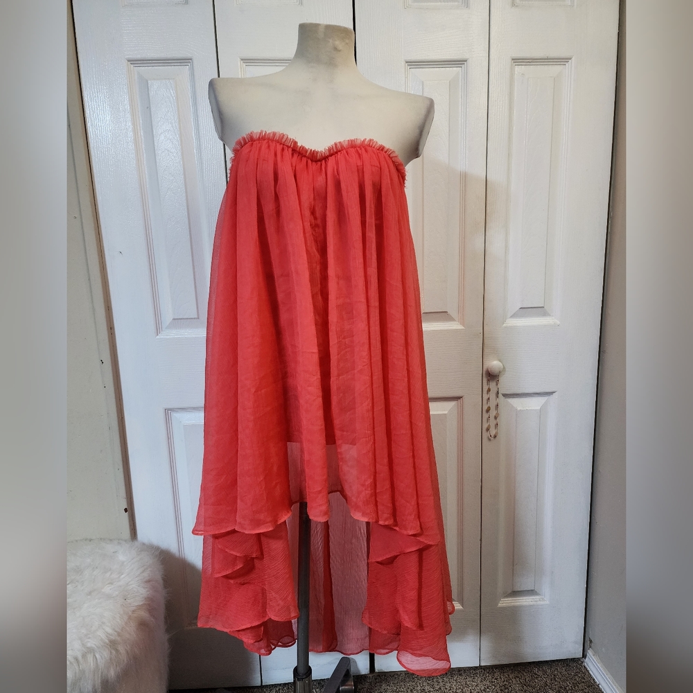 NWT Blaque Label Aeriform Strapless Chiffon Coral Hi-Low Dress
